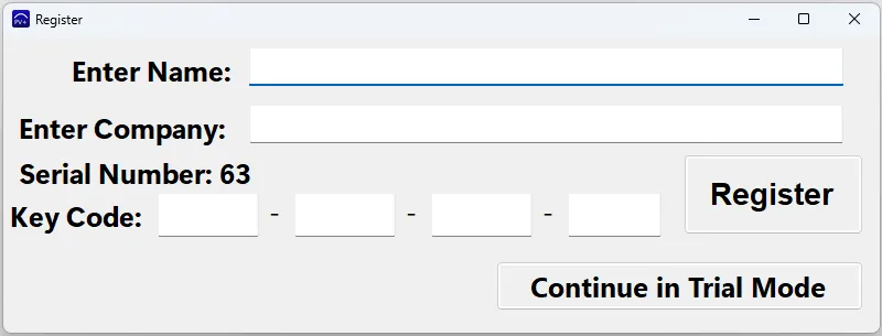 ProcessView+ Register window showing the Serial Number and the four Key Code entry fields